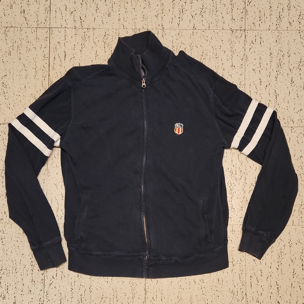 Polo Ralph Lauren Navy Blue Embroidered Crest Logo Full Zip Collar Sweater